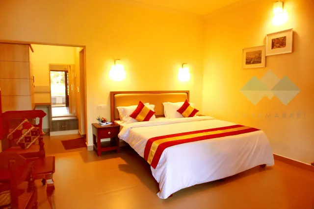 Deluxe AC room 101 with double bed, red cushions and bedside table