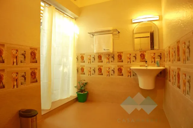 Spacious attached bathroom with washbasin and mirror in a Deluxe AC room
