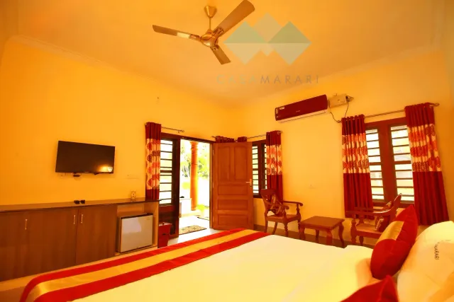 Deluxe AC room with TV unit, ceiling fan and door opening to the garden