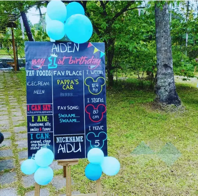 Chalkboard sign for a first birthday party with balloons